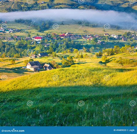 Foggy Summer Morning In Mountain Village Stock Image Image Of House