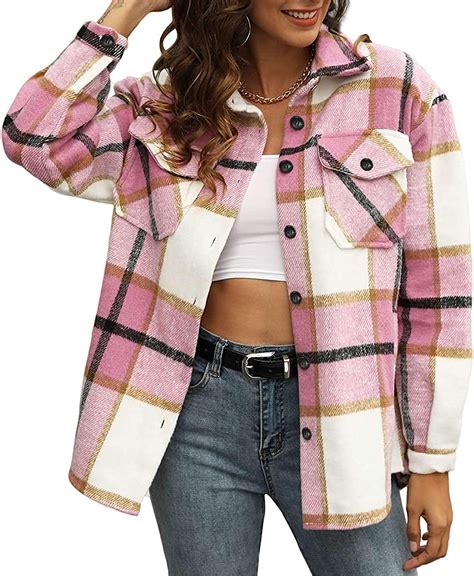 Automet Womens Casual Plaid Shacket Wool Blend Button Down Long Sleeve