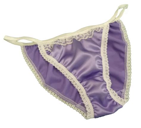 Lilac Shiny Satin Panties Mini Tanga String Bikini Ivory Lace Made In