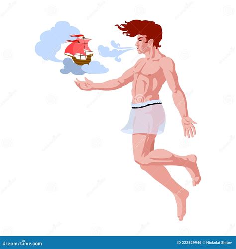 Wind Zephyr Ancient Greek God In Loincloth Blowing Into The Sails Of