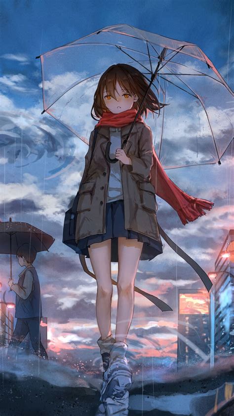 Download Wallpaper 1080x1920 Girl Umbrella Anime Rain