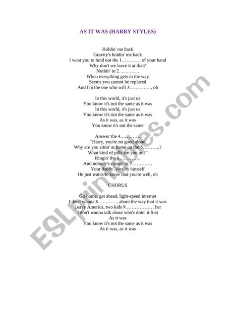 As It Was Song Esl Worksheet By Beefeater