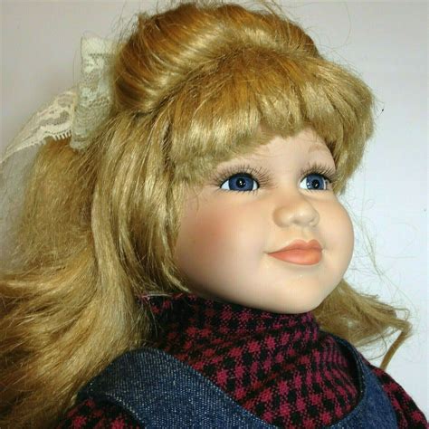 Porcelain Doll Gorgeous Long Blond Hair And Blue Eyes Denim Dress 24