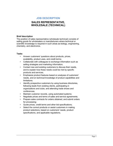 Free Sales Representative Wholesale Technical Job Description