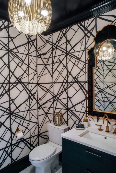 Black And White Powder Room With Bold Graphic Wallpaper