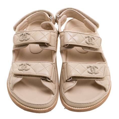 Chanel Beige Quilted Leather Cc Velcro Flat Sandals Size 365 Chanel Tlc