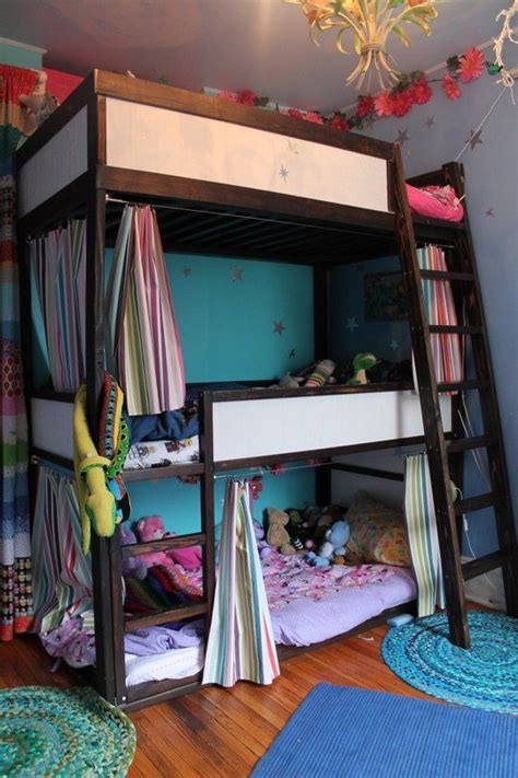 Place loft bed on bed risers to raise the loft bed higher. A Sky High Bunk for Three | Triple bunk beds, Ikea kura and Bunk bed