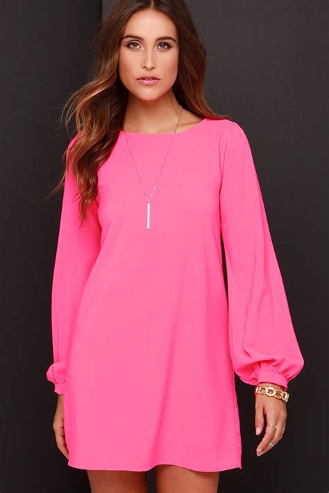 Cute Hot Pink Dress Shift Dress Long Sleeve Dress 3800