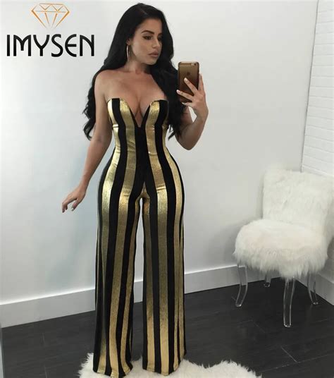 Imysen 2017 Summer Autumn Sexy Jumpsuit Women Romper Deep V Chest Wrapped Black Gold Stripe
