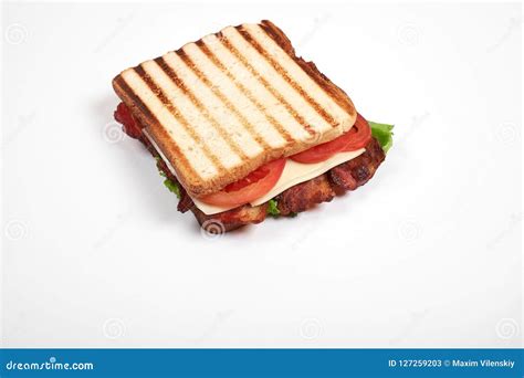 Fresh Sandwich Close Up With Vegetables And Meat On White Background