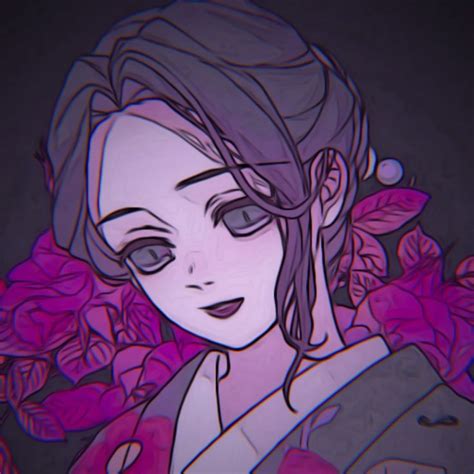 A Drawing Of A Woman With Purple Hair And Flowers In Her Hair Looking