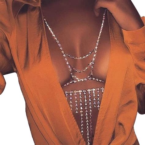 buy sethain fashion body chain rhinestone silver tassel chains bra night club bikini body