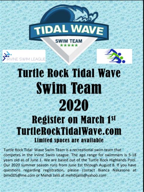 Turtle Rock “tidal Wave” Swim Team Sign Up For Summer Swimming Mar
