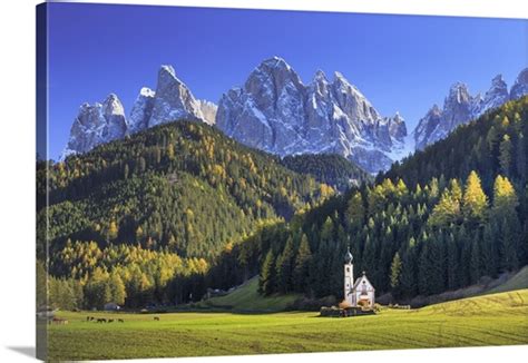 Italy Val Di Funes Ranui Church With Puez Odle Dolomites