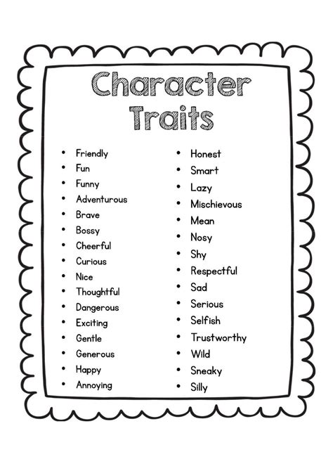 A Black And White Poster With The Words Character Traits On Its Front Page