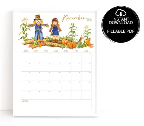 Printablefillable November Calendar 2022 Thanksgiving Etsy