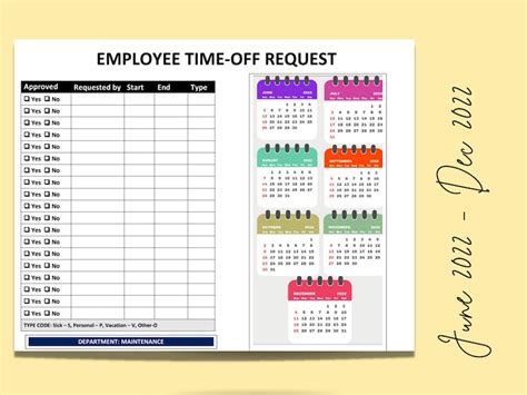 Employee Time Off Request Calendar Template Editable Word Etsy Canada