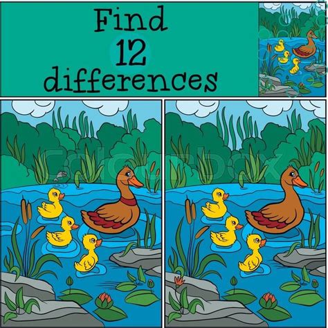 Children Games Find Differences Duck And Ducklings On