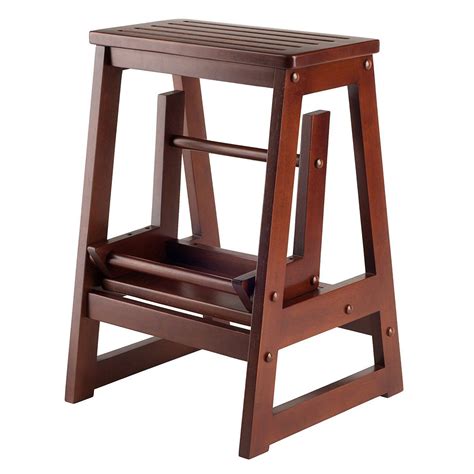 Walnut Wooden Folding Step Stool Seat 2 Tier Platform Ladder Kitchen