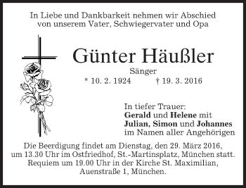 Traueranzeigen von Günter Häußler trauer merkur de