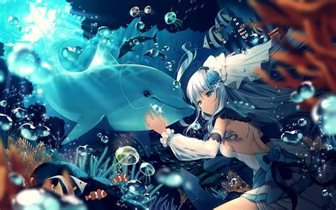 Free Download Hd Wallpaper Anime Girl Dolphin Undertwater Seaweed