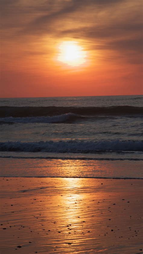 Beautiful Sunset Golden Sky Sea Waves