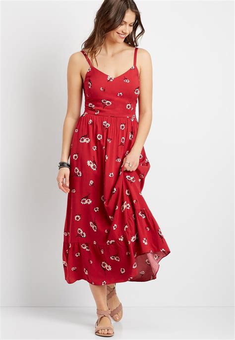 Red Floral Ruffle Midi Dress In 2020 Midi Ruffle Dress Dress For