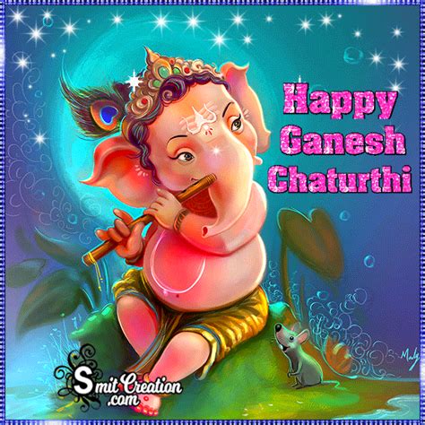 Happy Ganeshi Chaturthi Greeting Card With An Elephant Playing Flute