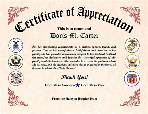 Military Wife Appreciation Certificate Veterans Appreciation