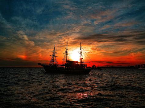 Sea Sailing Ship Sunset Clouds Silhouette Greece Thessaloniki