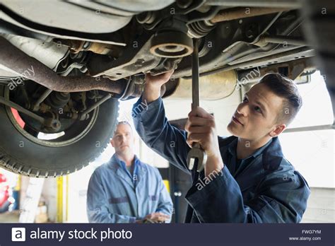 Mechanic Working Under Car In Auto Repair Shop Stock Photo Alamy