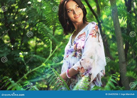 Beautiful Woman Walking In Tropical Forest Stock Photo Image Of