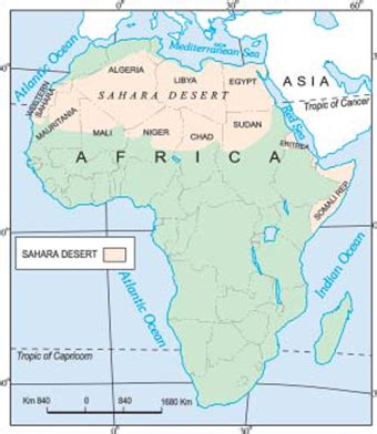 Africa covers 11,700,000 square miles (30,300,000 square kilometers). On the outline map of Africa, mark the Sahara desert. Map skills.