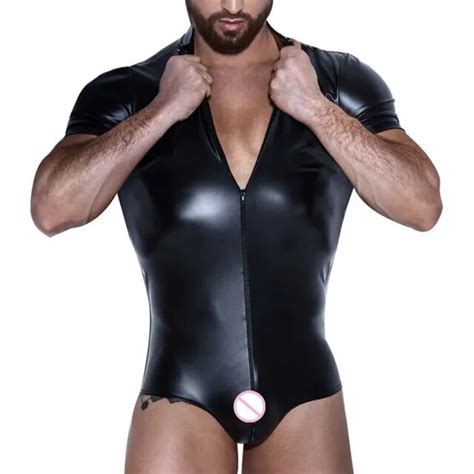 Mens Gay Bodysuit Sexy Underwear One Piece Patent Leather Short Sleeve