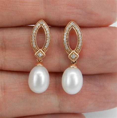 pearl and diamond dangle drop earrings 14k rose gold june birthstone wedding