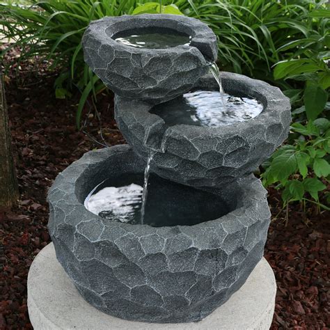Sunnydaze 3 Tier Chiseled Basin Solar Outdoor Water Fountain With