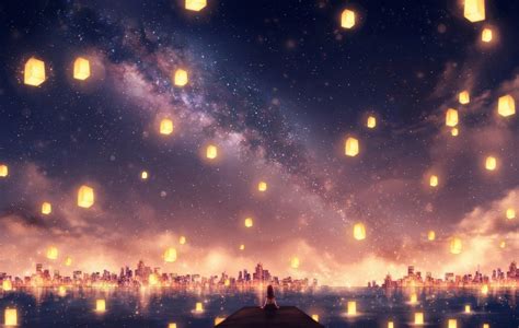 Wallpaper Id 132345 Anime Anime Girls Stars Sky Lantern