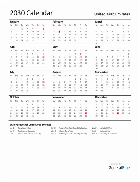 Standard Holiday Calendar For 2030 With United Arab Emirates Holidays