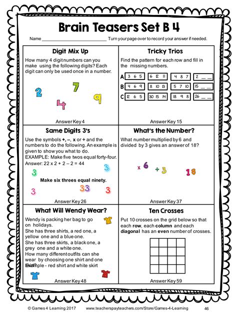 Fourth Grade Maths Brain Teasers For Kids