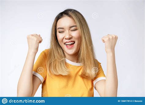 Young Asian Woman With Surprised Excited Happy Screaming Cheerful Girl