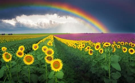 Premium Ai Image Rainbow Over A Field Of Sunflowers