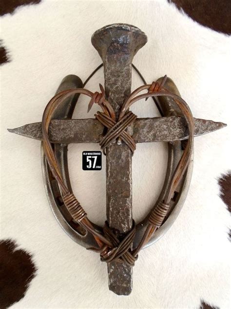 Horseshoe Railroad Spike Cross With Barbed Wire Heart Metal Etsy