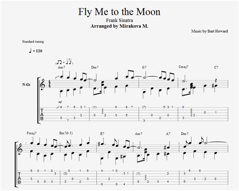Am dm7 g7 cmaj7 fly me to the moon, let me play among the stars, f dm e7 am a7 let me see what spring is like on jupiter and mars Ноты и табы Fly Me to the Moon для гитары скачать.