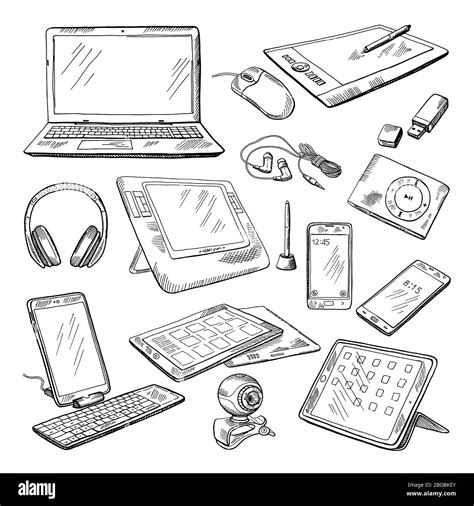 Different Computer Gadgets Doodle Vector Illustrations Isolate On