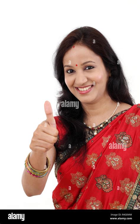 Cheerful Traditional Young Indian Woman Showing Thumbs Up Gesture Stock