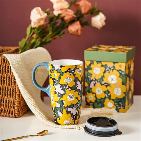 Topadorn Ceramic Coffee Mug Tall Porcelain Cup With Lid And Color T Box17 Oz Yellow