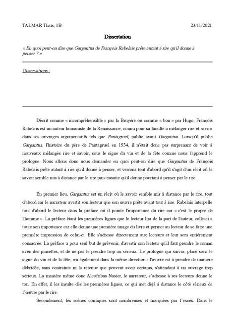 Dissertation - Gargantua, Rabelais | Exercices Français | Docsity