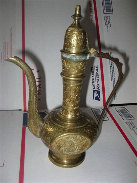 Vintage Embossed Etched Brass Aladdin Genie Bottle India 9 Teapot Oil Incense Genie Bottle
