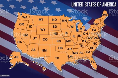 Poster Map Of United States Of America With State Names On The Flag