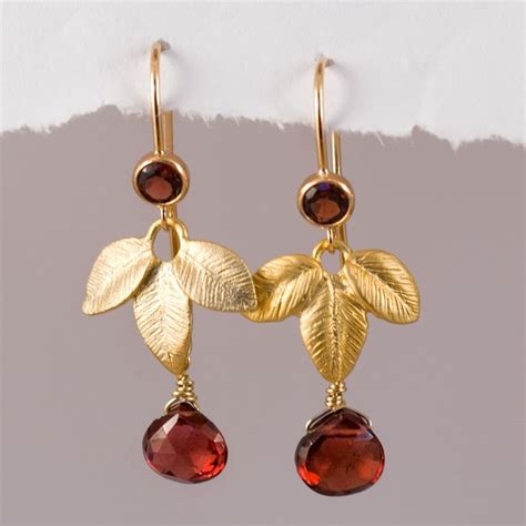 Tiny Garnet Drop Earrings Elegant Gold Leaf Earrings January